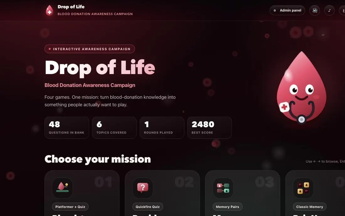 The Drop of Life campaign site, with the mascot and four game cards.
